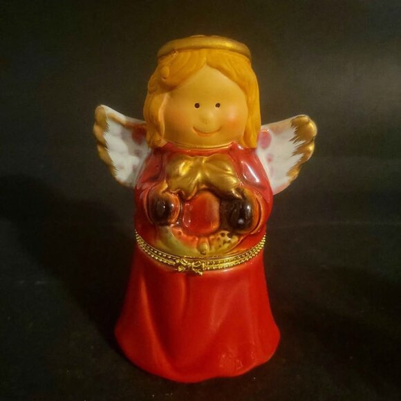 Porcelain Limoge Hinged Trinket Box Christmas Angel Figurine Holding A Wreath - Picture 1 of 8